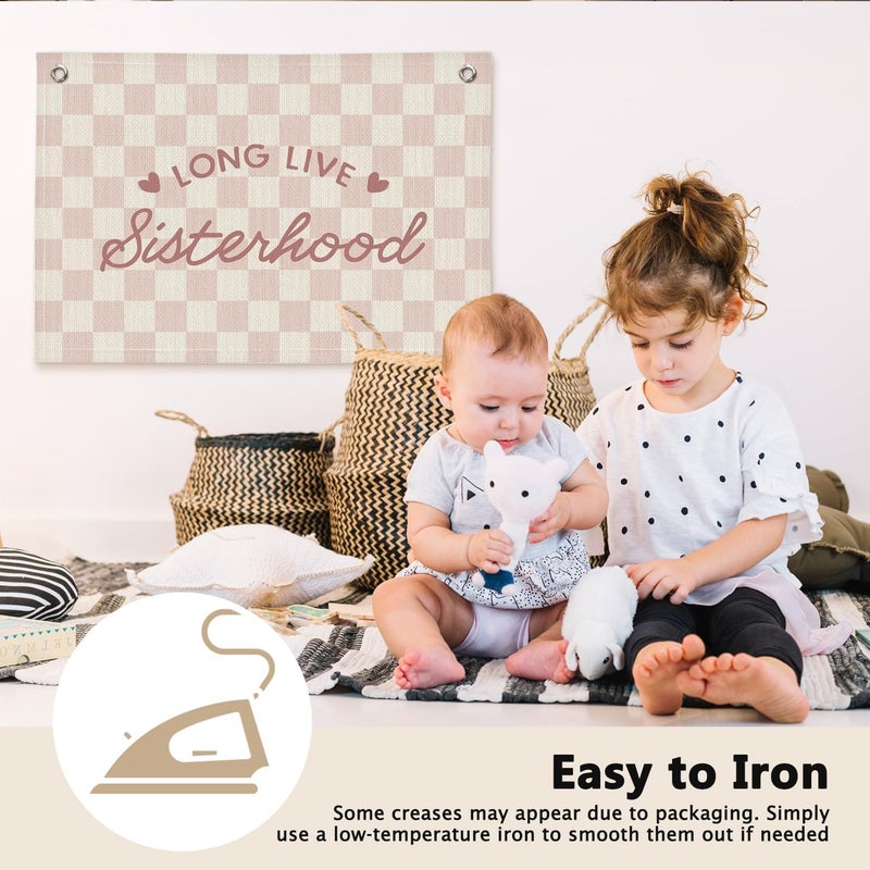 ETVISO Long Live Sisterhood Preppy Pink Checkered Girls Room Decor - Linen Banner Wall Hanging Canvas Banner Flag Decor for Toddler Girly Bedroom Playroom Nursery Dorm Apartment - Image 4